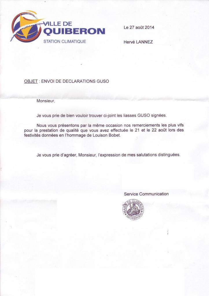 2014 08 21 22 lettre Mairie Quiberon Cinquantenaire Thalasso