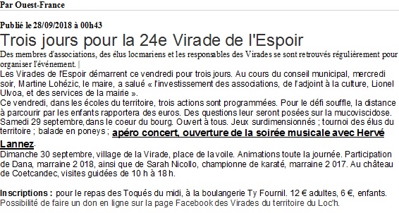 2018 09 29 OUEST FRANCE Virade de l'Espoir Locmaria-Grand-Champ